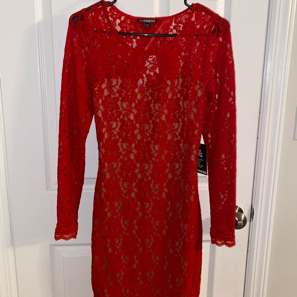 Express Open Back Red Lace L/S Dress